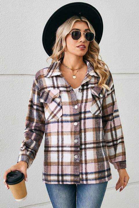 Collared Plaid Shacket - Trendsi - Flyclothing LLC