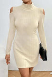 Ribbed Turtleneck Cold Shoulder Long Sleeve Mini Dress - Trendsi - Flyclothing LLC