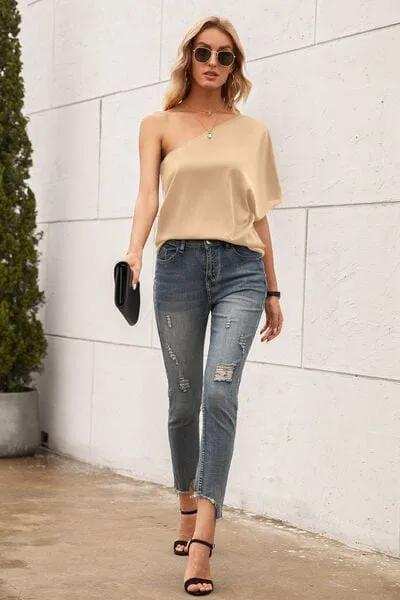 Single Shoulder Half Sleeve T-Shirt - Trendsi - Flyclothing LLC