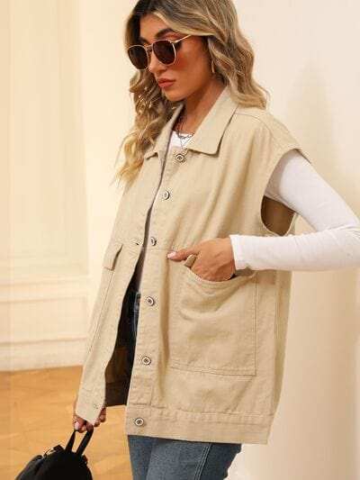 Pocketed Button Up Sleeveless Denim Jacket - Trendsi - Flyclothing LLC