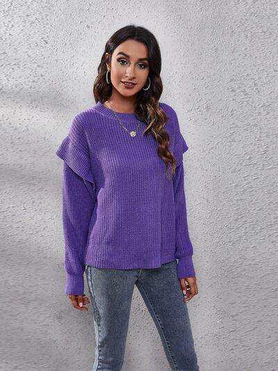Ruffled Round Neck Dropped Shoulder Sweater - Trendsi - Flyclothing LLC