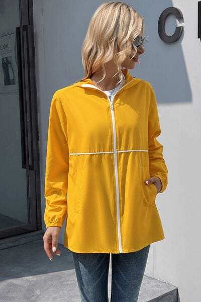 Zip Up Long Sleeve Hooded Watertight Jacket - Trendsi - Flyclothing LLC