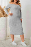 Plus Size Square Neck Long Sleeve Slit Dress - Trendsi - Flyclothing LLC