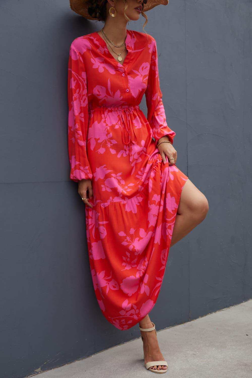 Floral Drawstring Waist Long Sleeve Dress - Trendsi - Flyclothing LLC