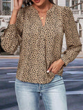 Leopard Notched Neck Puff Sleeve Blouse - Trendsi - Flyclothing LLC