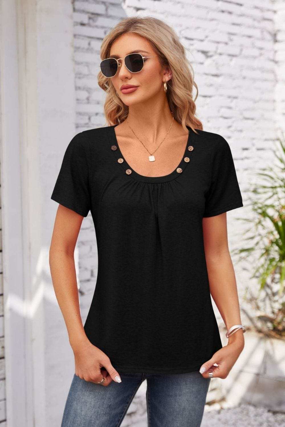 Decorative Button Scoop Neck T-Shirt - Trendsi - Flyclothing LLC