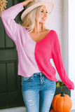 Contrast Color V-Neck Long Sleeve Pullover Sweater - Trendsi - Flyclothing LLC