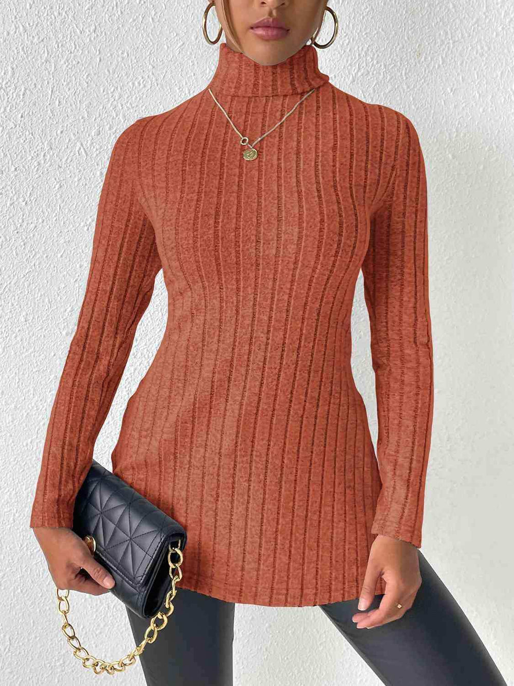 Ribbed Turtleneck Long Sleeve Slit T-Shirt - Trendsi - Flyclothing LLC