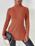 Ribbed Turtleneck Long Sleeve Slit T-Shirt - Trendsi - Flyclothing LLC