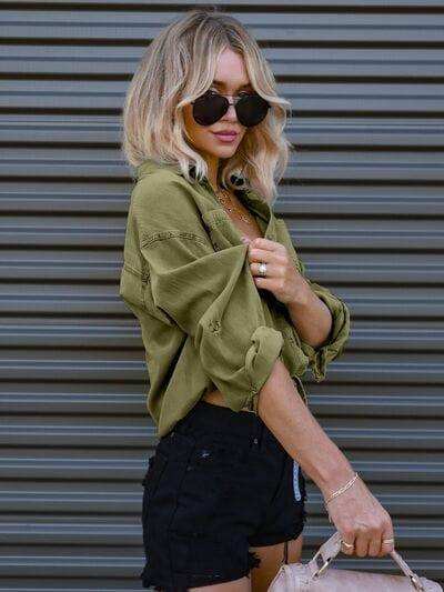 Drawstring Pocketed Button Up Denim Top - Trendsi - Flyclothing LLC