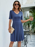Pleated V-Neck Short Sleeve Tee Dress - Trendsi - Flyclothing LLC