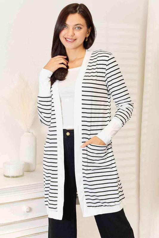 Double Take Striped Open Front Longline Cardigan - Trendsi - Flyclothing LLC