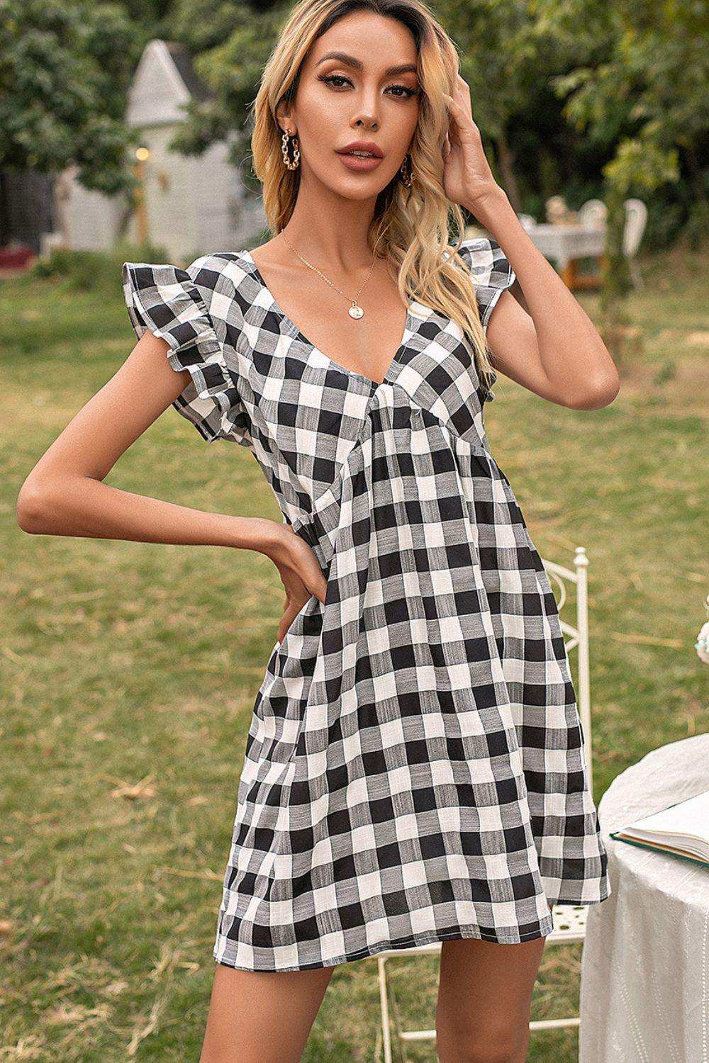 Plaid Butterfly Sleeve Deep V Dress - Trendsi - Flyclothing LLC
