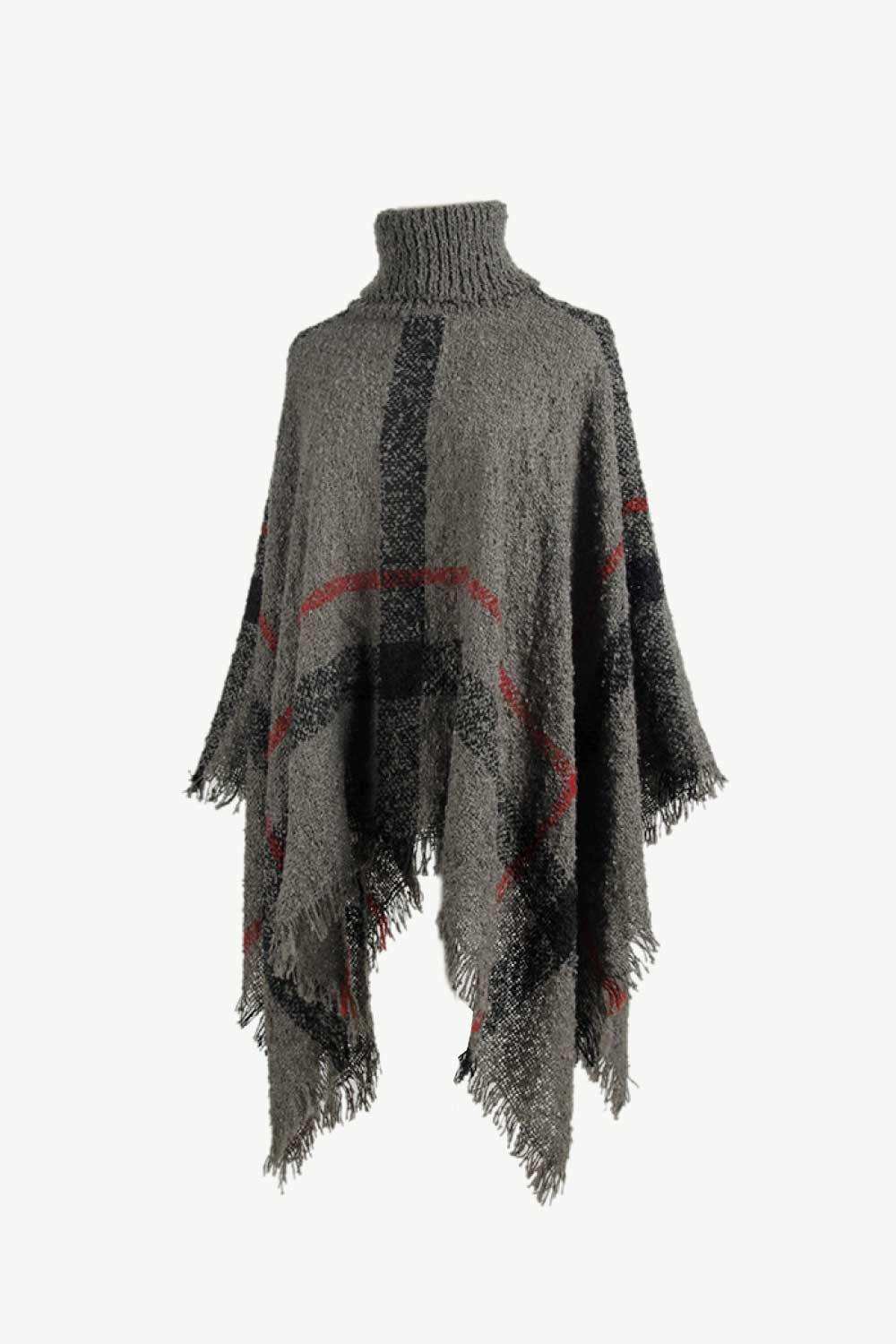 Plaid Turtleneck Raw Hem Poncho - Trendsi - Flyclothing LLC