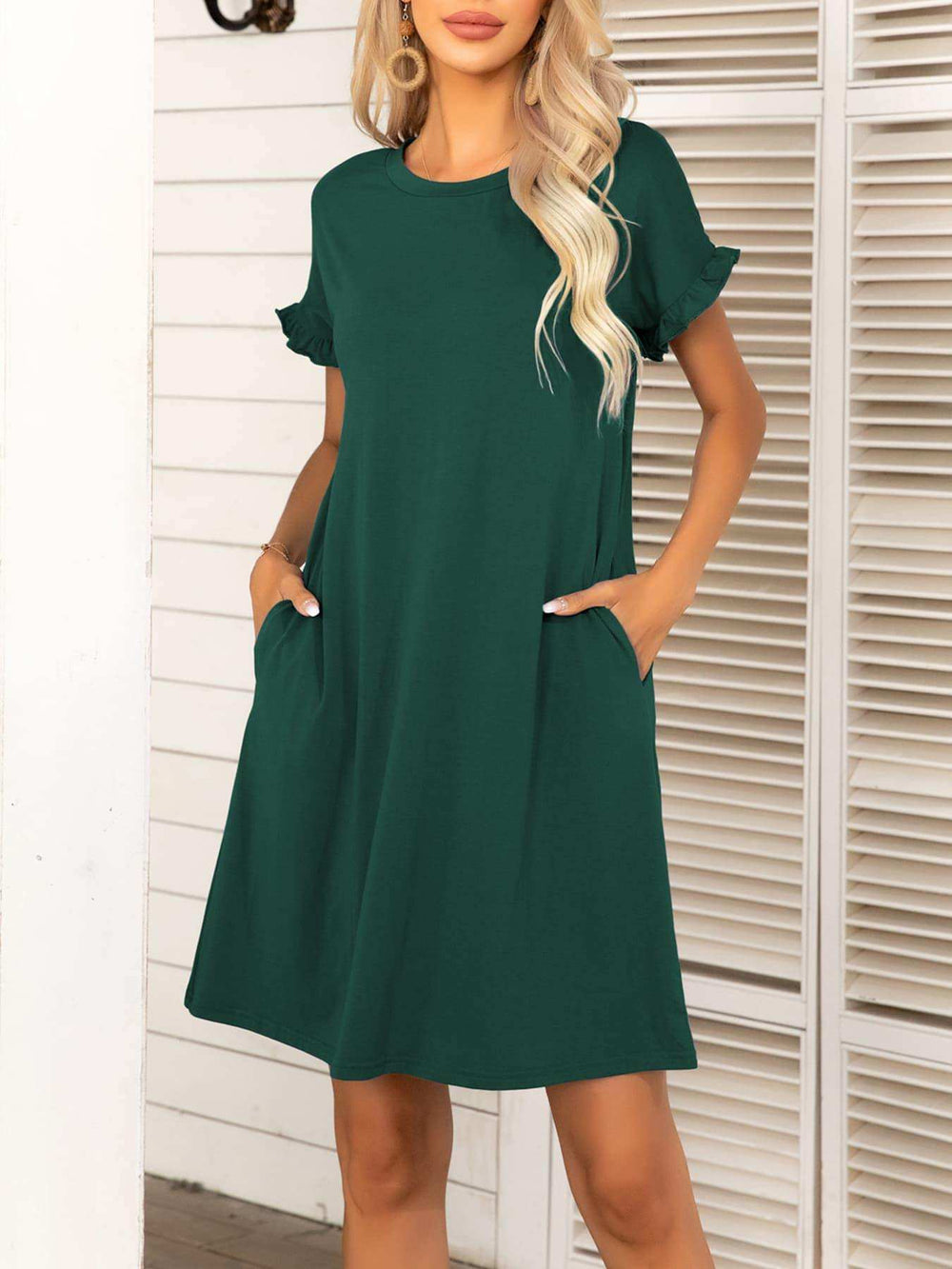 Round Neck Flounce Sleeve Dress with Pockets - Trendsi - Flyclothing LLC