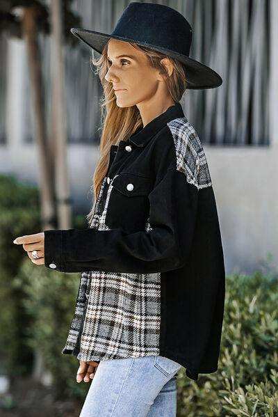 Plaid Pocketed Button Up Denim Jacket - Trendsi - Flyclothing LLC