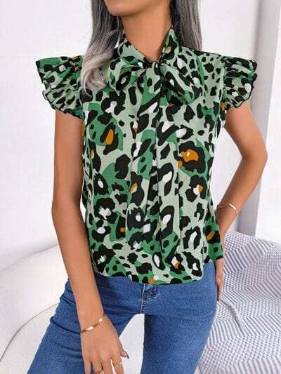 Leopard Tie Neck Cap Sleeve Blouse - Trendsi - Flyclothing LLC