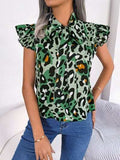 Leopard Tie Neck Cap Sleeve Blouse - Trendsi - Flyclothing LLC