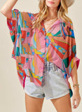 Printed Dolman Sleeve Collared Shirt - Trendsi - Flyclothing LLC