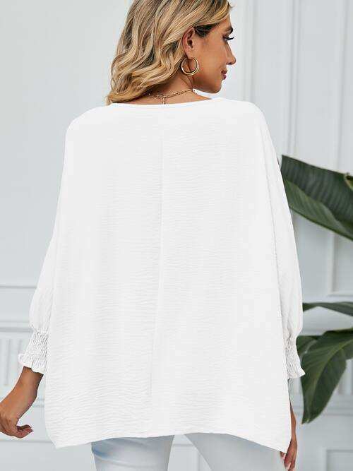Smocked Lantern Sleeve Round Neck Blouse - Trendsi - Flyclothing LLC