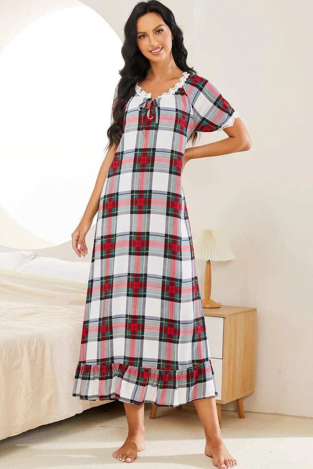 Plaid Lace Trim Ruffle Hem Night Dress - Trendsi - Flyclothing LLC