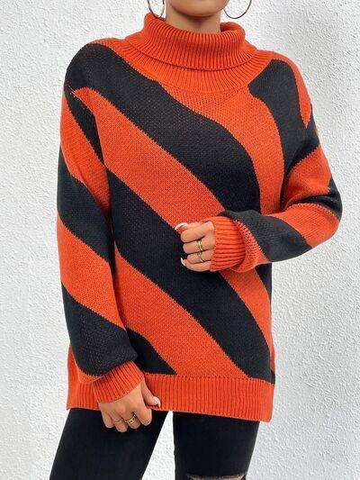 Striped Turtleneck Dropped Shoulder Sweater - Trendsi - Flyclothing LLC