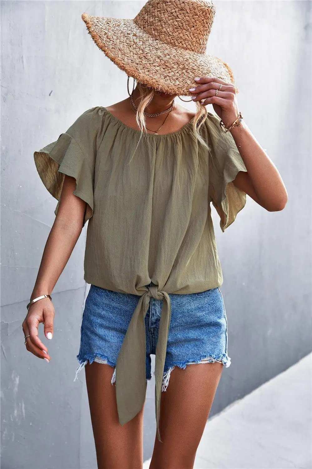 Flutter Sleeve Tie-Front Blouse - Trendsi - Flyclothing LLC