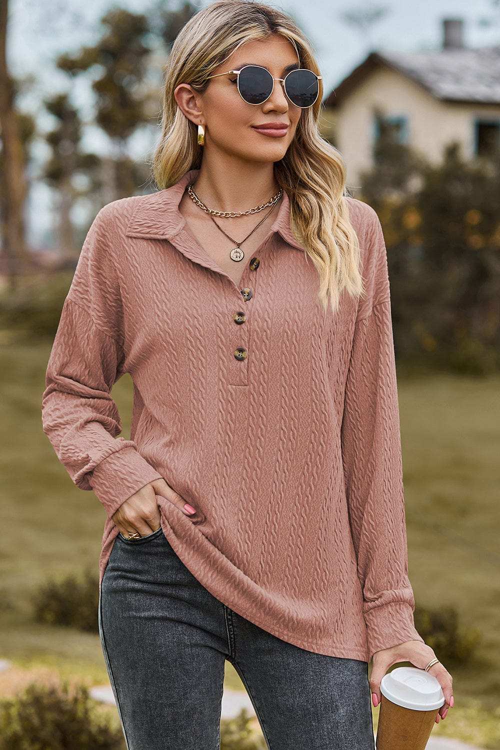 Half Button Dropped Shoulder Blouse - Trendsi - Flyclothing LLC
