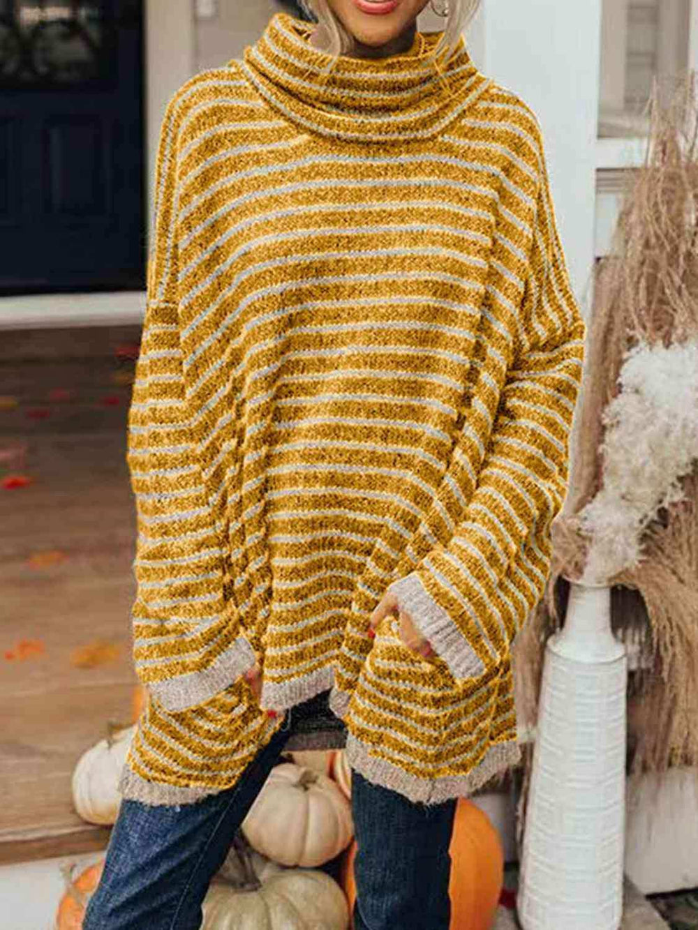 Striped Turtleneck Sweater with Pockets - Trendsi - Flyclothing LLC