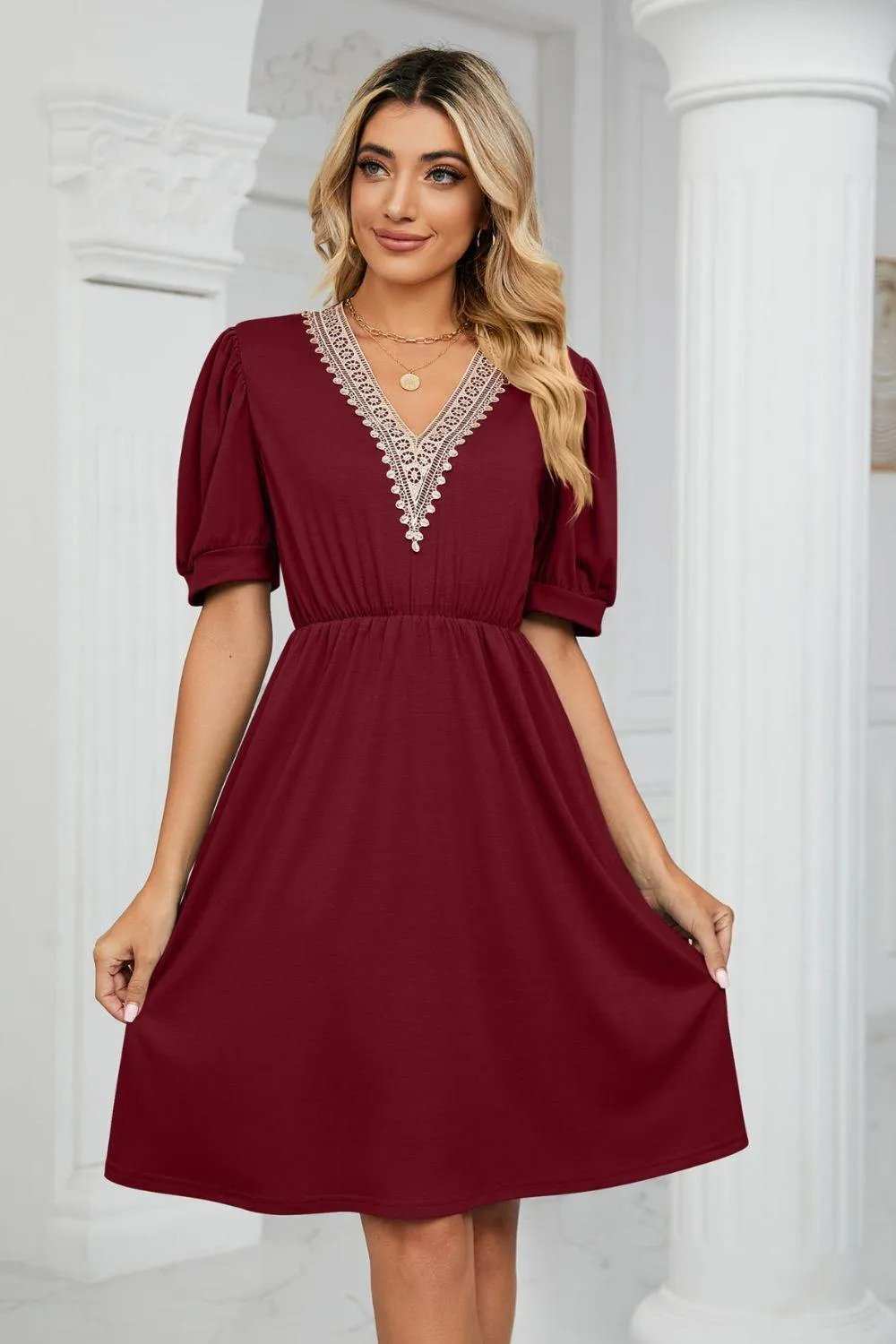 Contrast V-Neck Puff Sleeve Pocket Dress - Trendsi - Flyclothing LLC