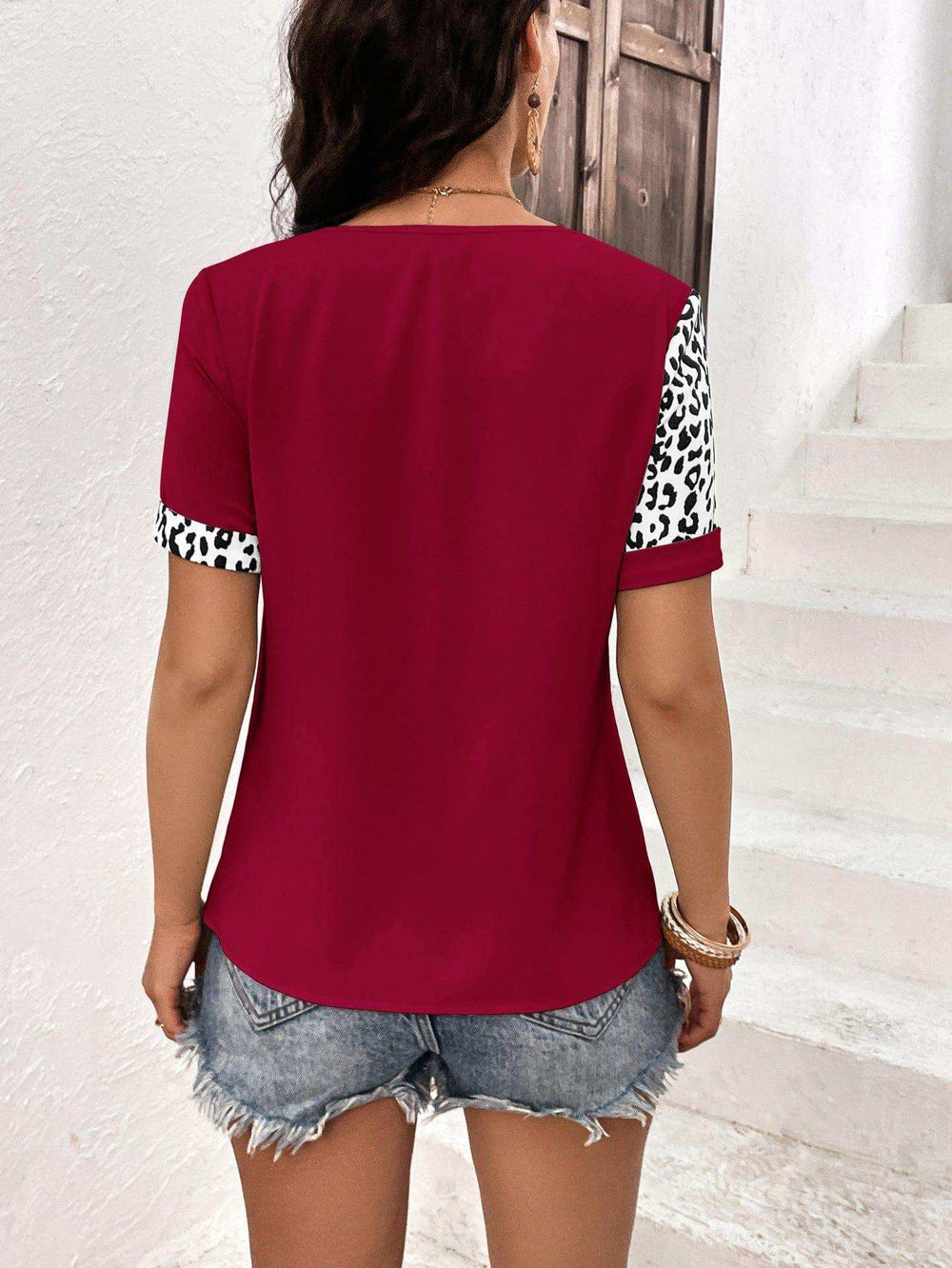 Leopard Round Neck Short Sleeve Tee - Trendsi - Flyclothing LLC