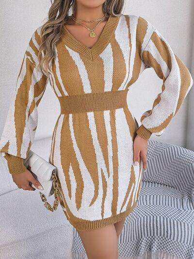 Animal Print V-Neck Long Sleeve Sweater Dress - Trendsi - Flyclothing LLC