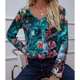 Printed V-Neck Long Sleeve Blouse - Trendsi - Flyclothing LLC