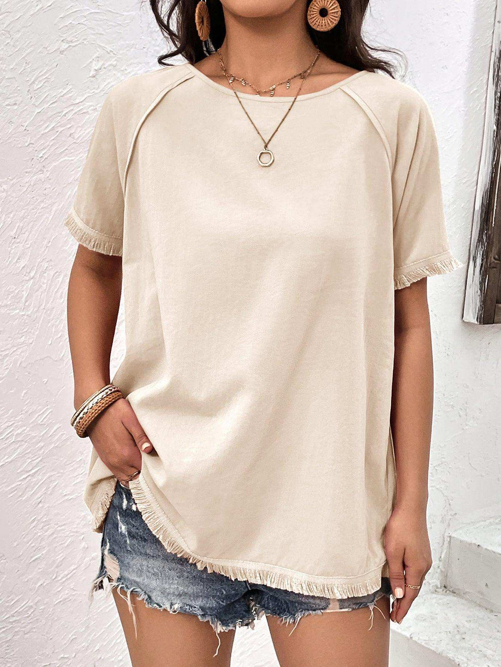 Round Neck Raglan Sleeve Fringe Detail Top - Trendsi - Flyclothing LLC