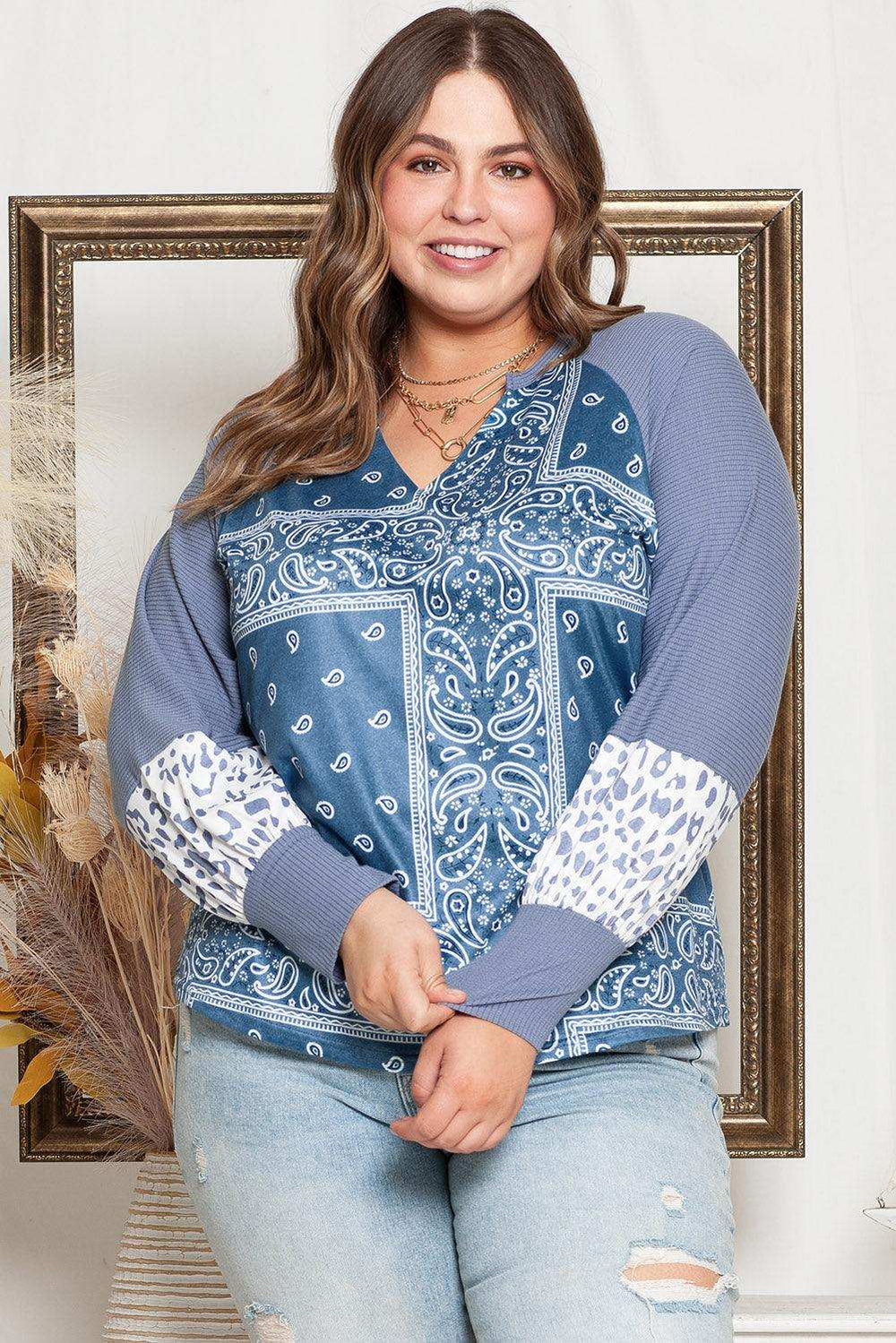 Plus Size V-Neck Printed Raglan Sleeve Blouse - Trendsi - Flyclothing LLC