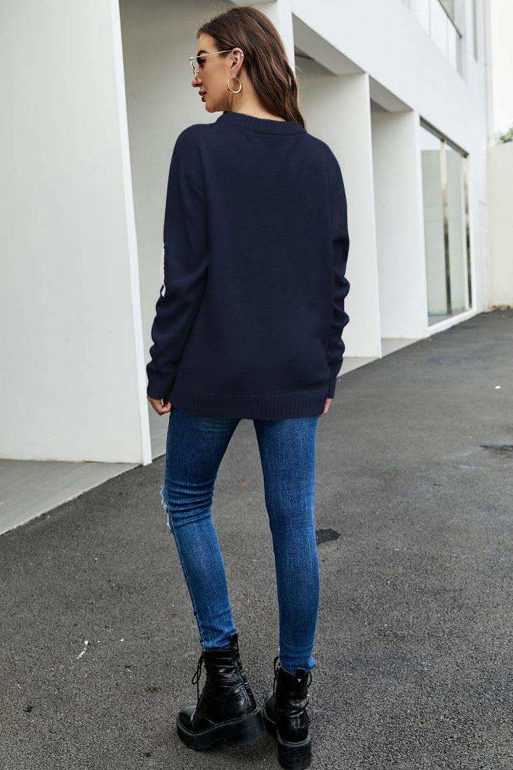 Round Neck Dropped Shoulder Sweater - Trendsi - Flyclothing LLC
