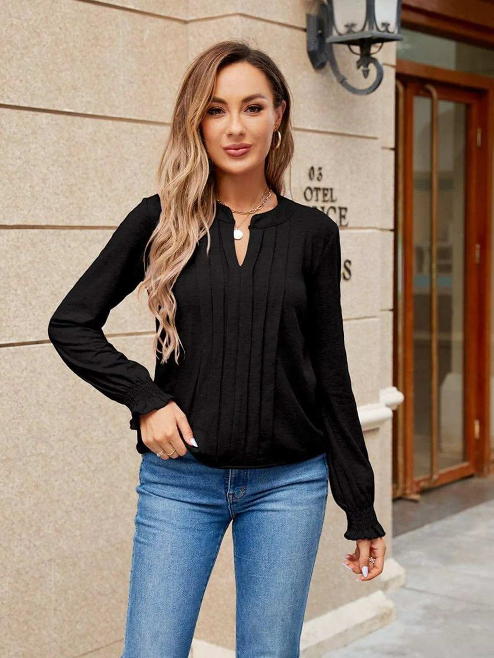 Pleated Notched Neck Flounce Sleeve Blouse - Trendsi - Flyclothing LLC