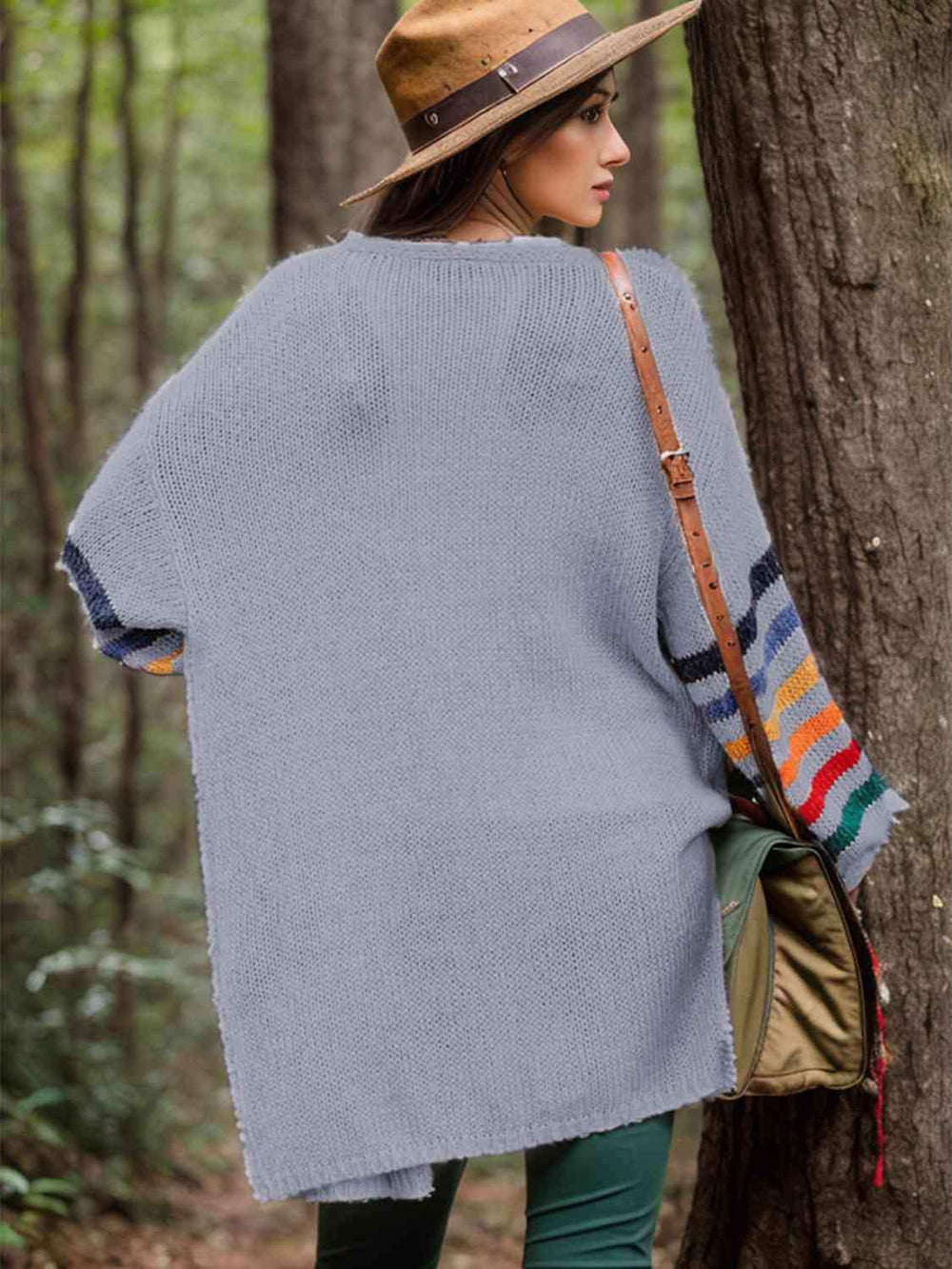 Striped Open Front Long Sleeve Cardigan - Trendsi - Flyclothing LLC