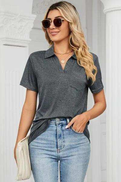 Johnny Collar Short Sleeve Blouse - Trendsi - Flyclothing LLC