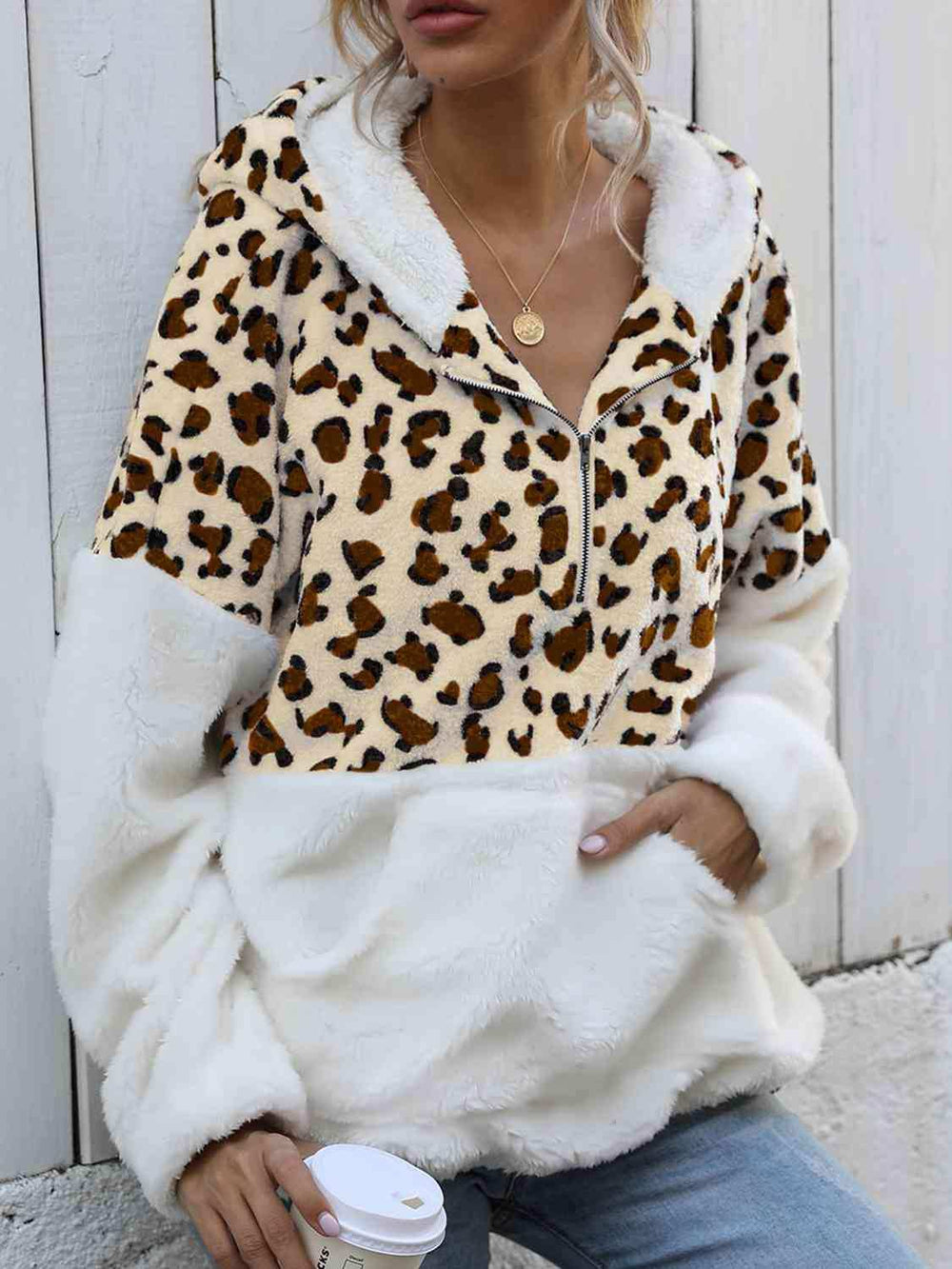 Leopard Half-Zip Dropped Shoulder Hoodie - Trendsi - Flyclothing LLC