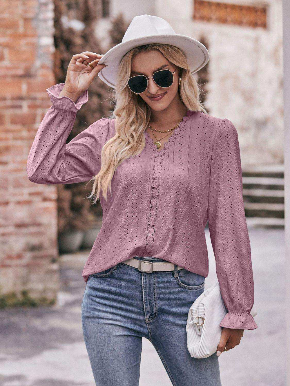 Eyelet V-Neck Flounce Sleeve Blouse - Trendsi - Flyclothing LLC