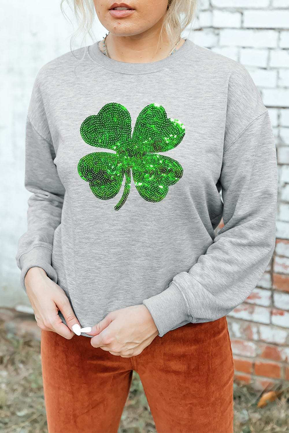 Lucky Clover Sequin Round Neck Sweatshirt - Trendsi - Flyclothing LLC