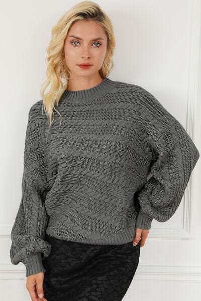 Cable-Knit Mock Neck Dropped Shoulder Sweater - Trendsi - Flyclothing LLC