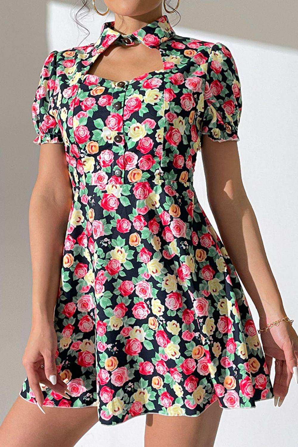 Floral Buttoned Cutout Puff Sleeve Dress - Trendsi - Flyclothing LLC