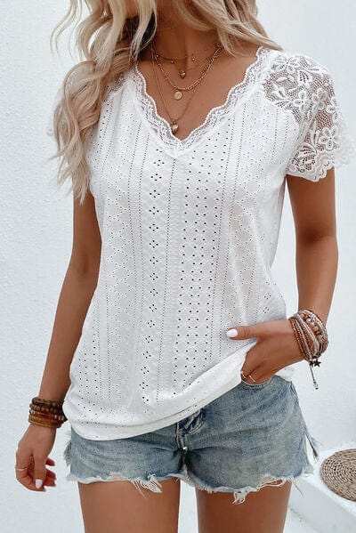 Eyelet Lace Detail V-Neck T-Shirt - Trendsi - Flyclothing LLC