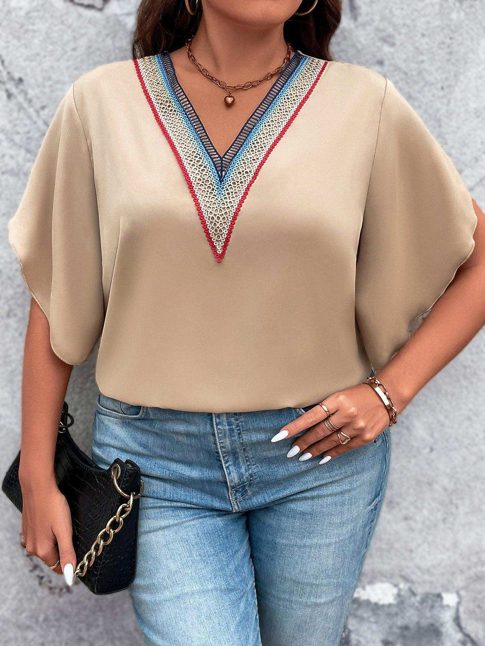Plus Size V-Neck Flutter Sleeve Blouse - Trendsi - Flyclothing LLC
