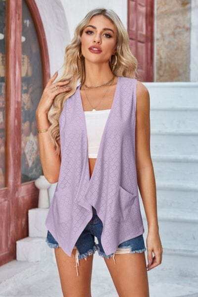 Eyelet Open Front Sleeveless Cardigan - Trendsi - Flyclothing LLC