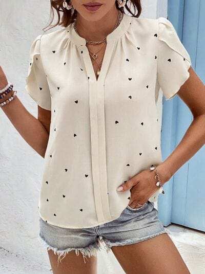 Heart Print Notched Petal Sleeve Blouse - Trendsi - Flyclothing LLC