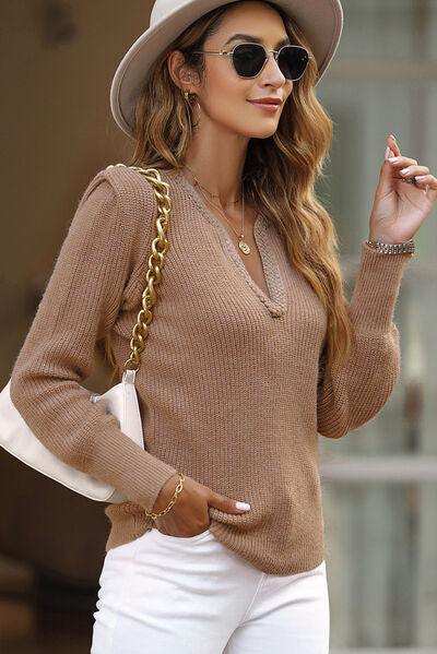 Notched Long Sleeve Sweater - Trendsi - Flyclothing LLC