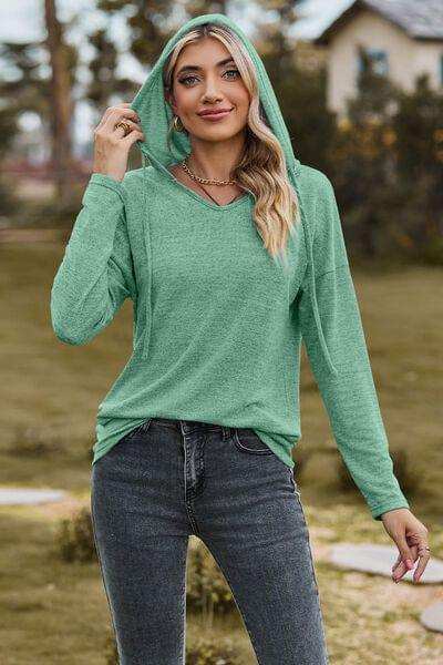 Drawstring Dropped Shoulder Hooded T-Shirt - Trendsi - Flyclothing LLC